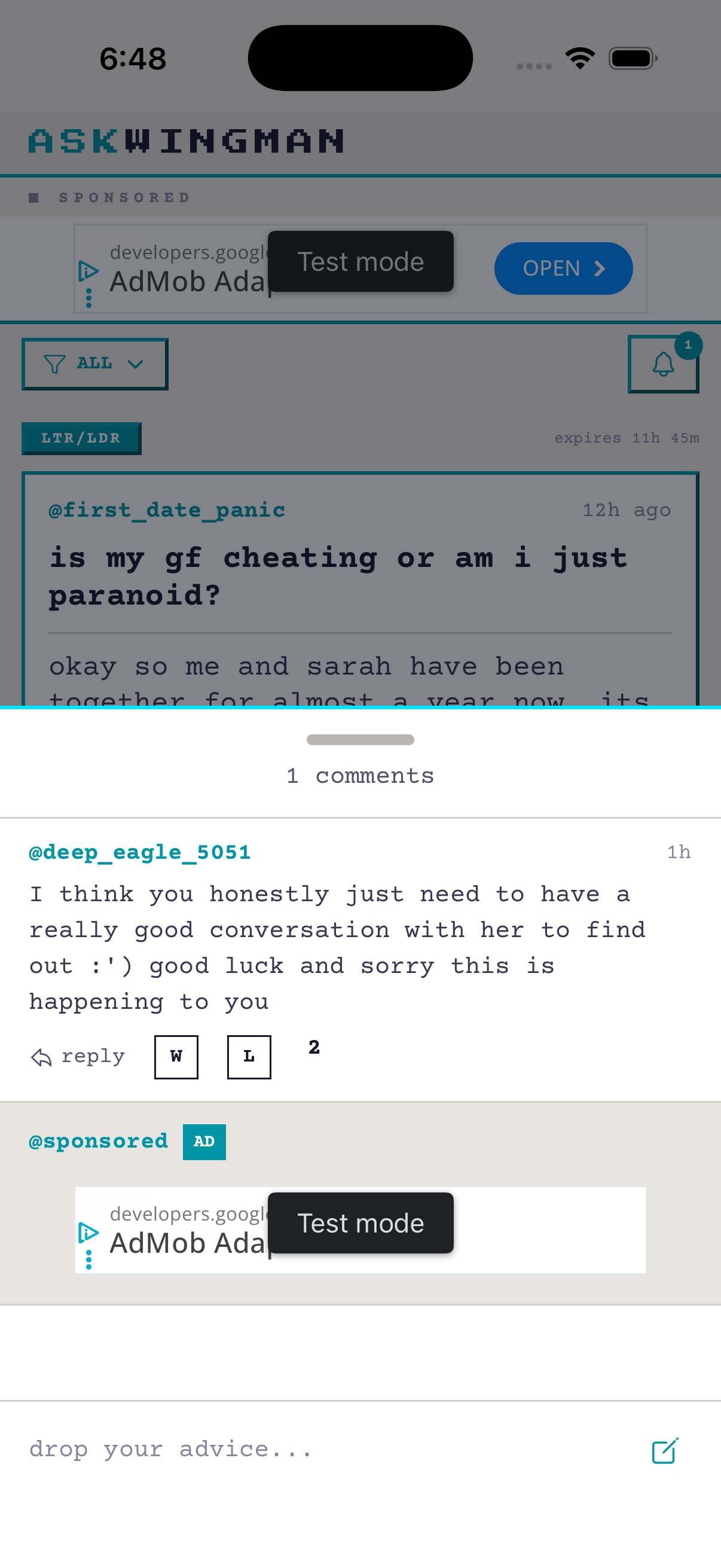 Comments and replies on a post in the AskWingman app